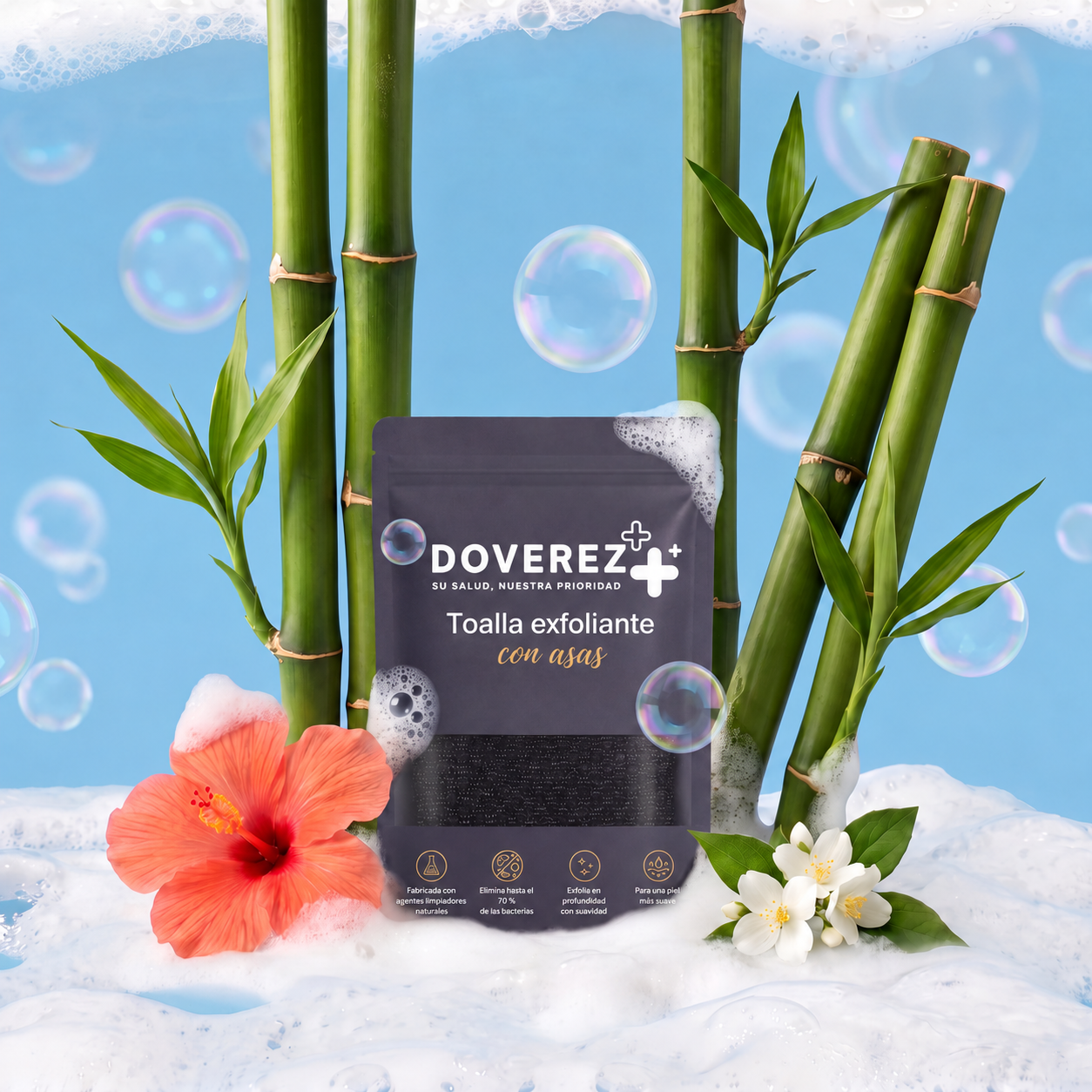 Toalla exfoliante Doverez con asas, rodeada de bambú y flores
